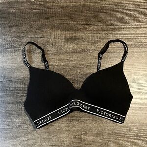 Victoria's Secret Black Logo Wireless T-Shirt Bra with White Trim